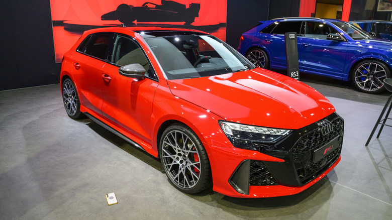 Audi RS3 compact hatschback performance version of the Audi A3 car on display at the AutoSalon