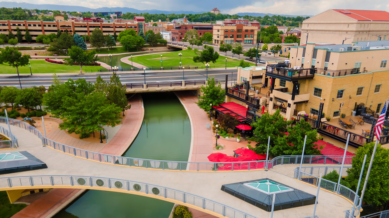 An overhead view of the Pueblo Riverwalk in Pueblo, Colorado.