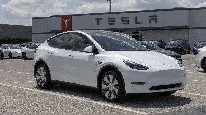 A white Tesla Model Y EV electric vehicle display.