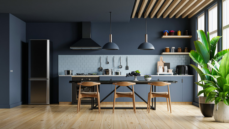 modern kitchen with two green floor plants
