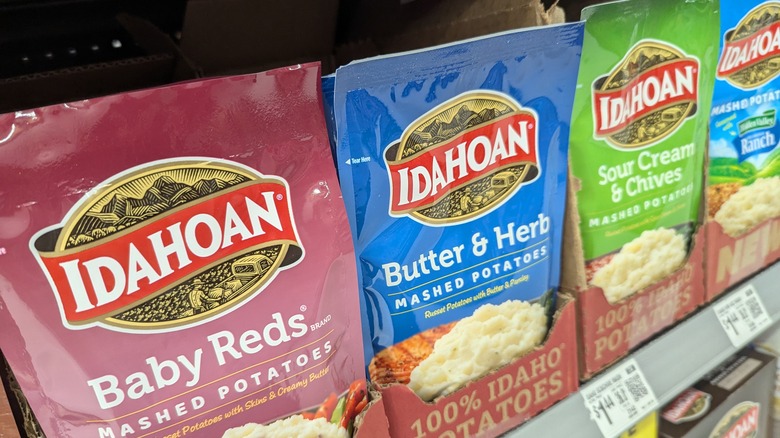 Packets of Idahoan instant mashed potatoes