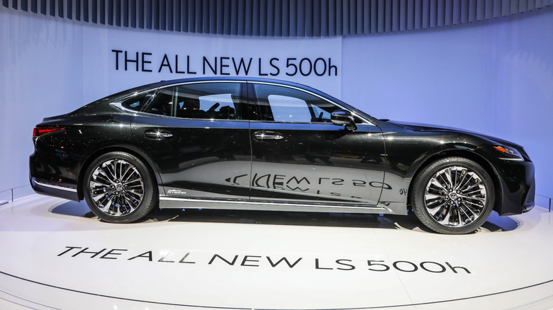 The Lexus LS500h on display during the second press day of the Geneva Motor Show.