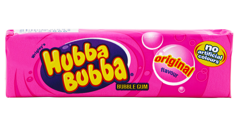 Close up of pink pack of Hubba Bubba chewing gum