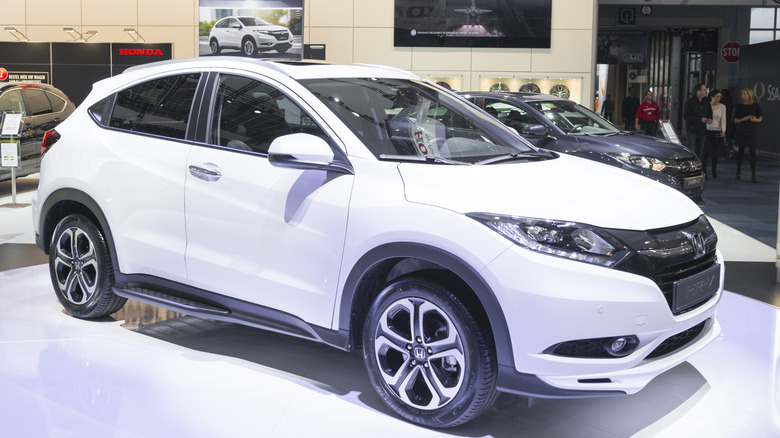 White Honda HR-V compact crossover SUV front view.