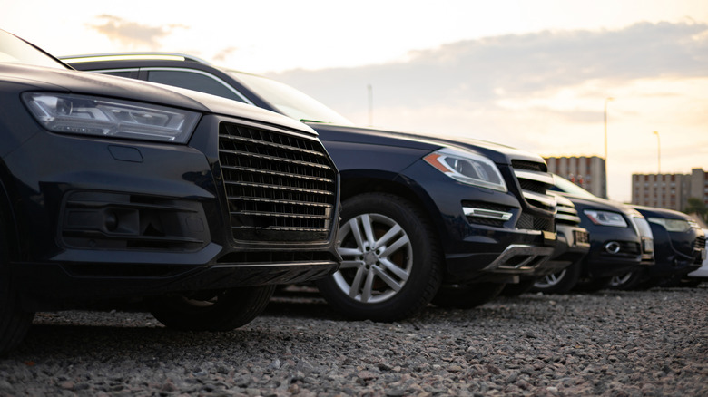 A row of dark-colored SUVs parked outside on a gravel lot.