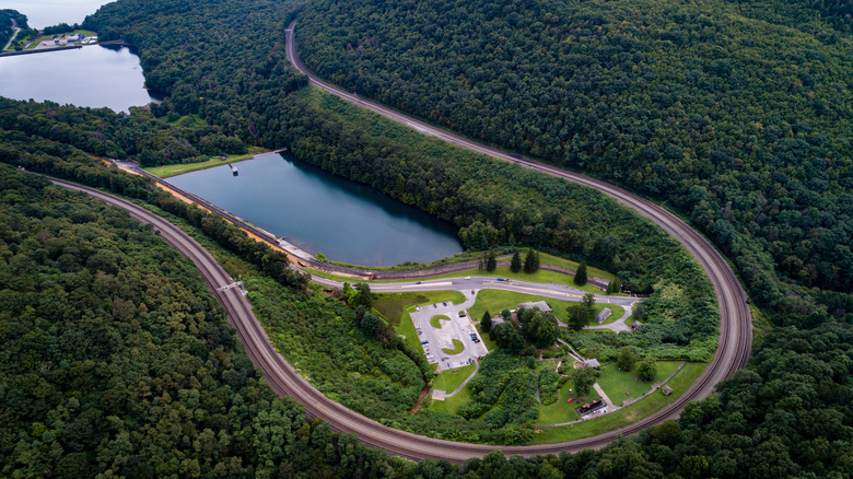 An overhead view of the Horseshoe Curve National Historic Landmark