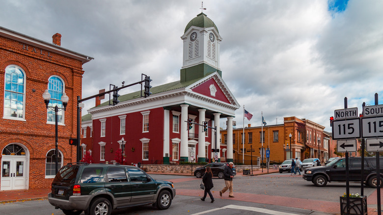 historic red and green courthouse in Charles Town, West Virginia