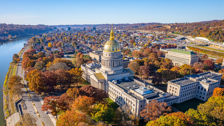 The Virginia State Capitol building seen in autumn from overhead
