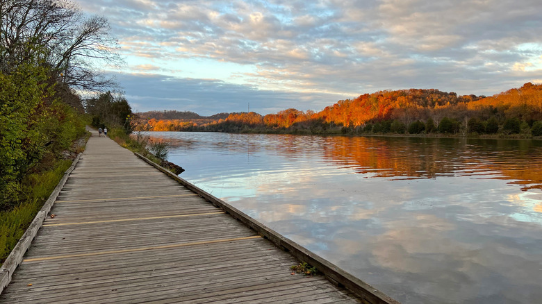 The sun setting over a boardwalk in Oak Ridge, Tennessee