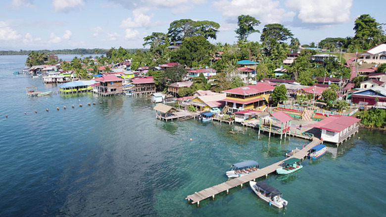 An overhead shot of a Bocas Del Toro pier on a sunny day
