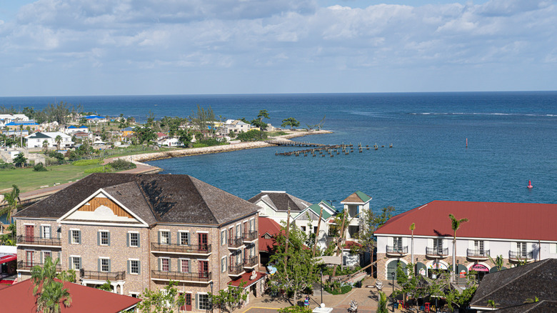 An overhead view of the Falmouth Cruise Port facing toward the horizon on a sunny day