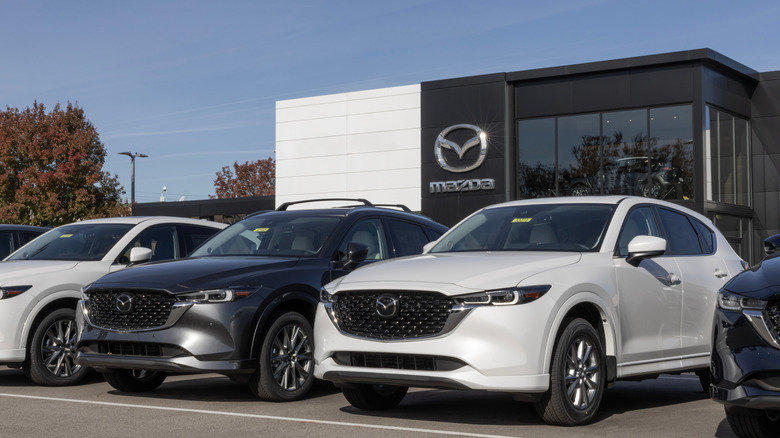 Mazda vehicles parked in front of a Mazda dealership