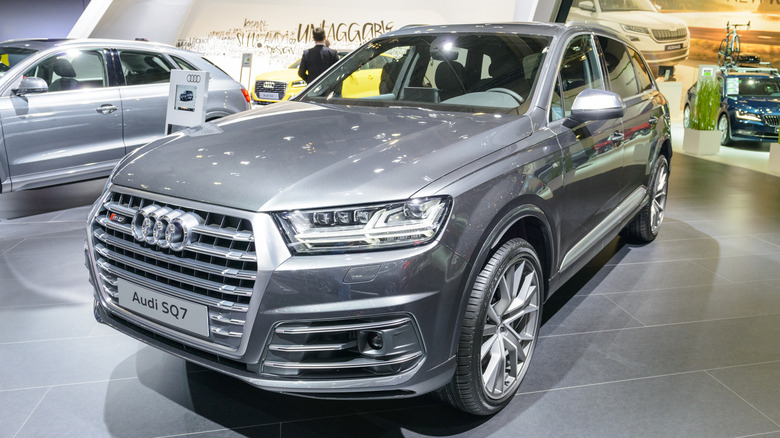 Grey Audi SQ7 on display at a car show.