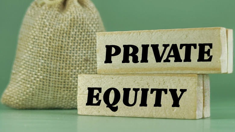 PRIVATE EQUITY written over wooden blocks with a sack of money in the background.
