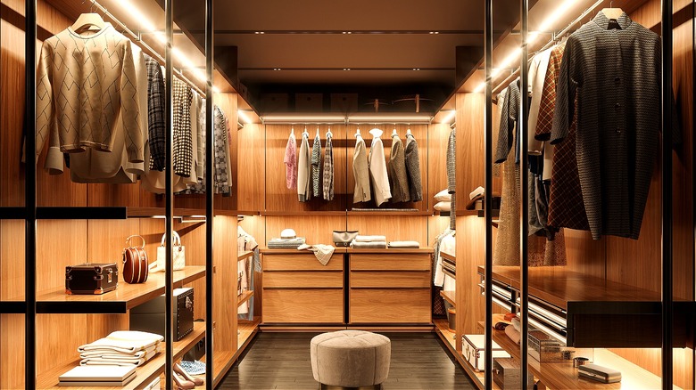 Walk-in closet with luxury clothes