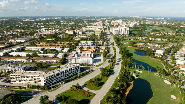 Aerial wide angle view of Downtown Boca Raton FL.