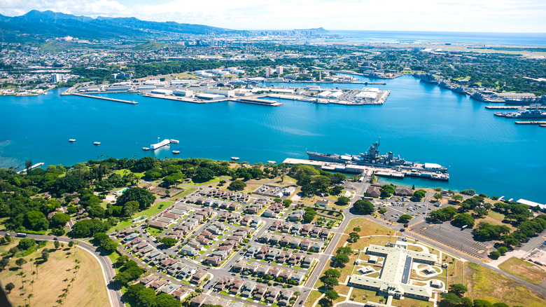 Aerial view of Pearl Harbor, Oahu island, Hawaii.