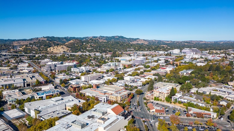 Overhead view of downtown Walnut Creek with businesses, streets, and buildings.