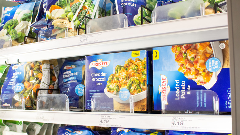 Frozen food section filled with Birds Eye frozen vegetables