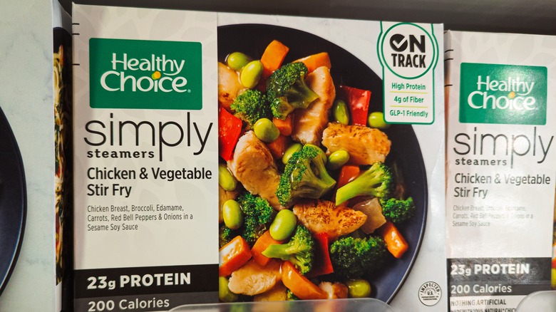 Healthy Choice simply frozen food boxes in a store freezer