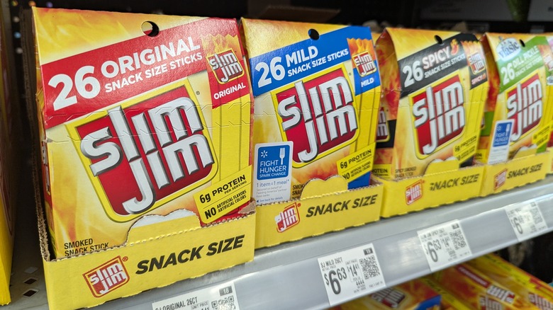 Different types of Slim Jim boxes on a store shelf