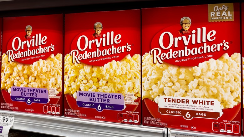 Close up of boxes of Orville Redenbacher's popcorn on a shelf