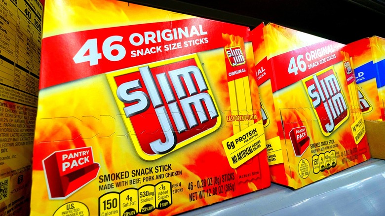 Boxes of Slim Jims on the shelf