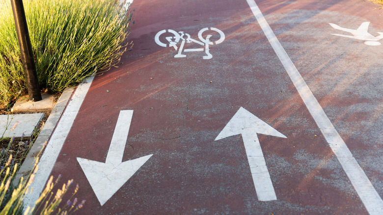 Bike path and pedestrian path showing opposite directions with white arrows painted on the ground and a bicycle and pedestrian symbol.