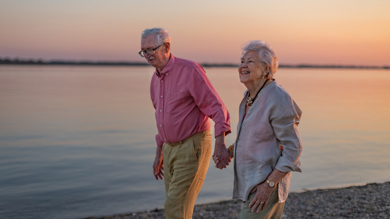 A senior couple enjoying summer vacation by the lake