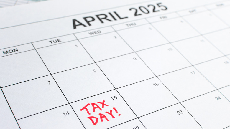 Calendar of April 2025, with "Tax Day!" reminder on the 15th.