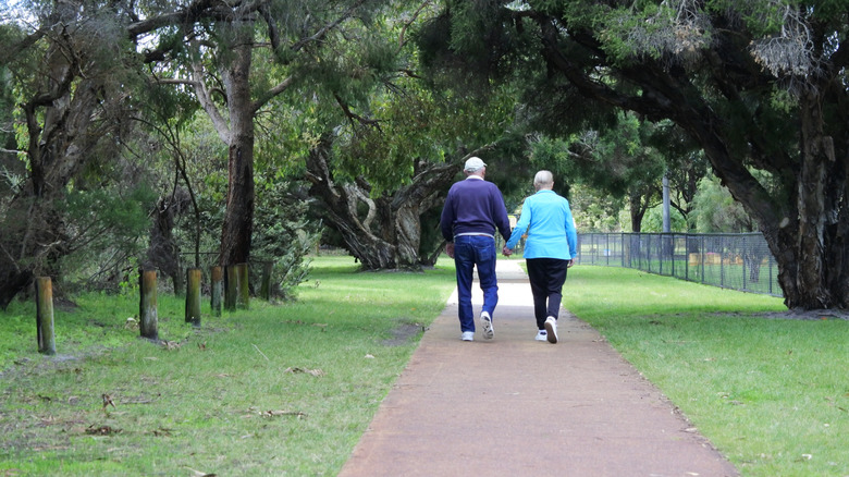 Active senior couple holding hands walking together on a footpath in a public park.