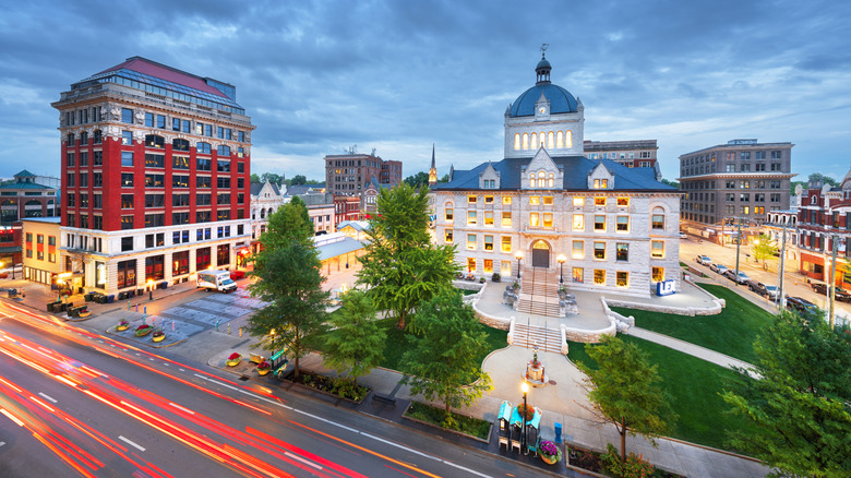 Lexington, Kentucky, USA historic downtown cityscape at blue hour.