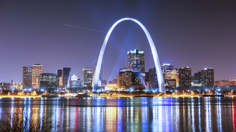 Aerial view of the St. Louis, Missouri skyline at night.