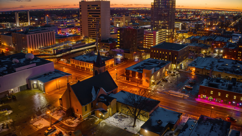 An aerial view of Fargo, North Dakota skyline at dusk.