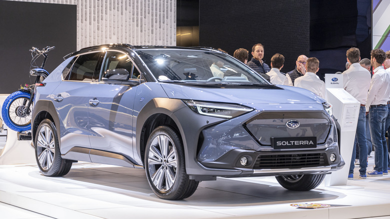 A bluish grey Subaru Solterra on display.