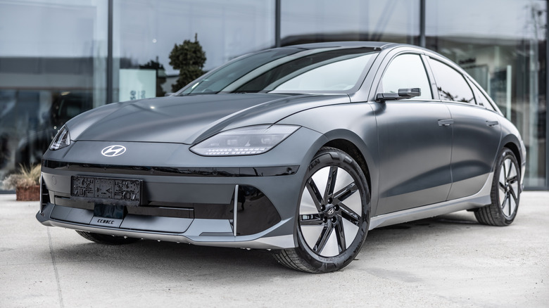 IONIQ 6 New model electric car from Hyundai in front of the car dealership.