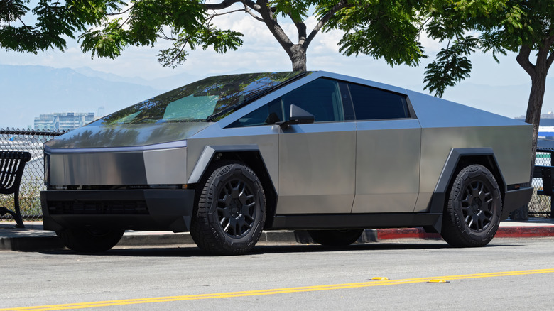A Tesla Cybertruck shown parked on a street