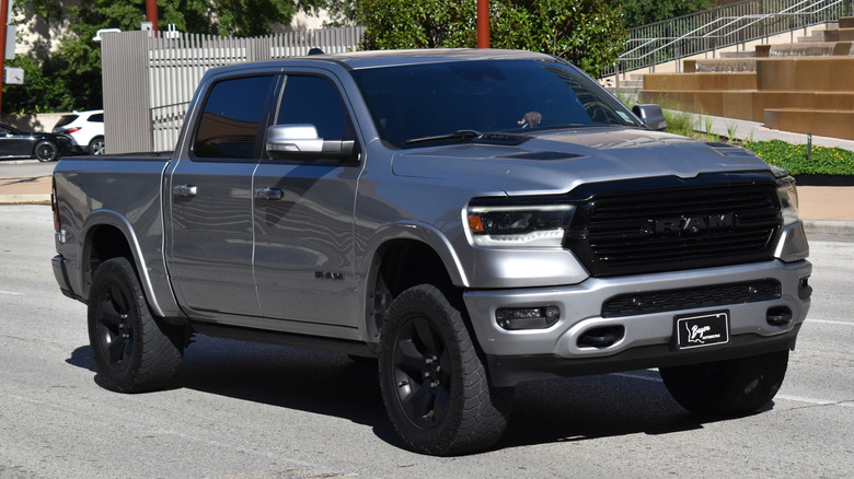 A Ram 1500 pick up truck, cruising in the downtown financial district of Houston.