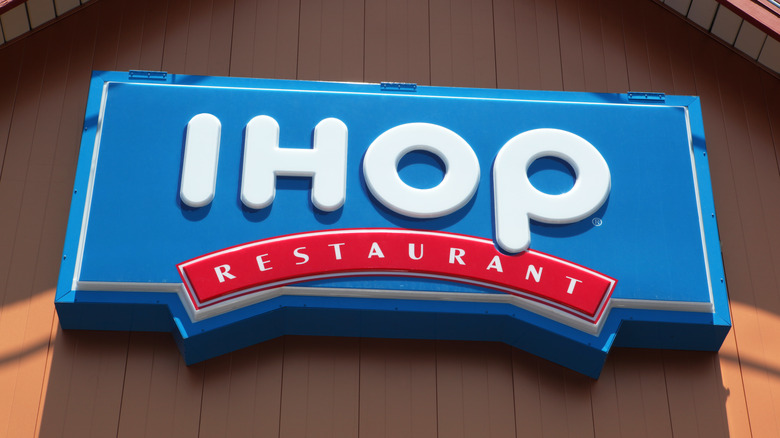 This is the front view of the IHOP Restaurant neon sign near the Stratosphere at Las Vegas.
