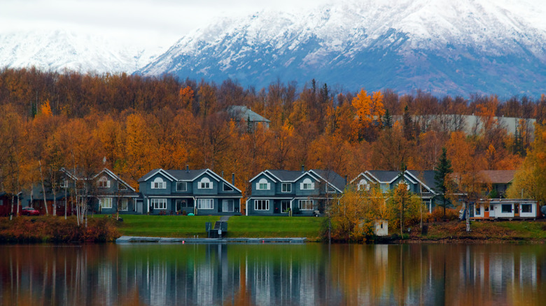 Houses on shore of lake in Wasilla, Alaska.