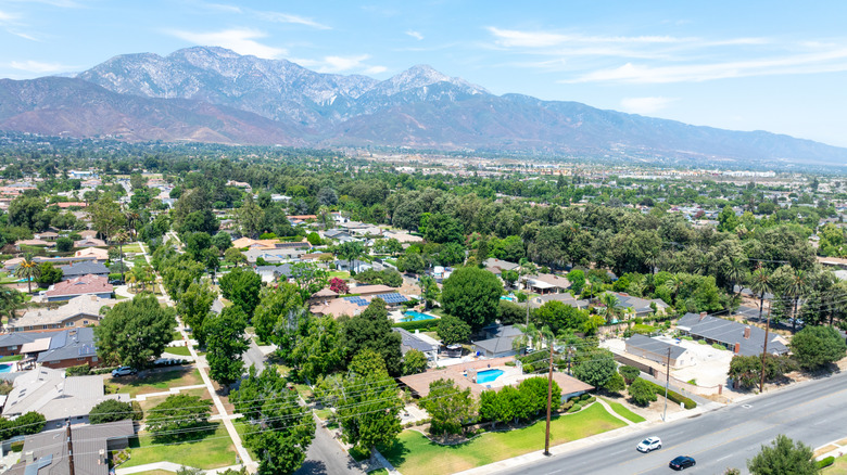 Aerial view of Upland city in San Bernardino County, California, on the border with neighboring Los Angeles County.