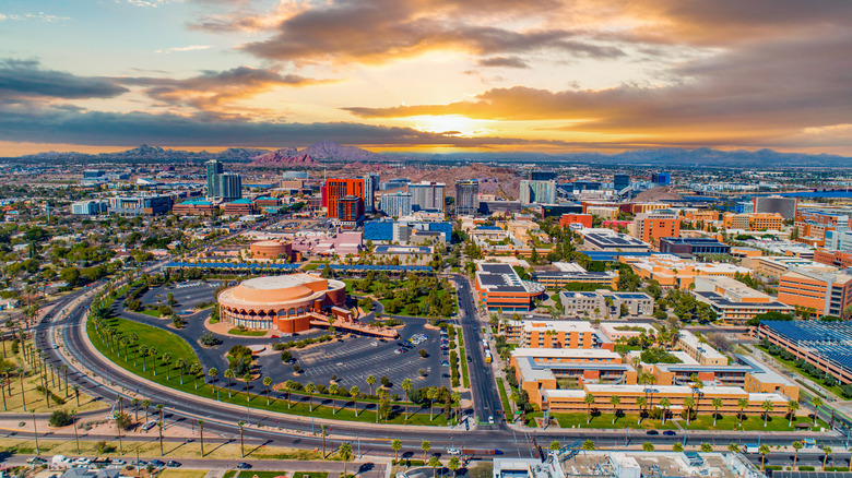 An aerial view of Tempe, Arizona at sunset.