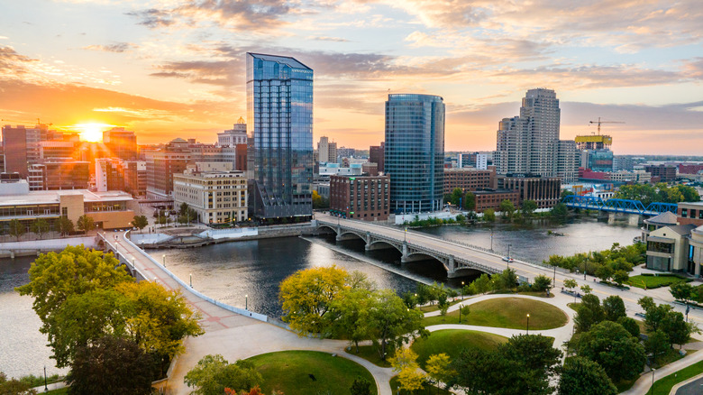 The skyline of Grand Rapids, Michigan in the morning with the sunrise to the east.
