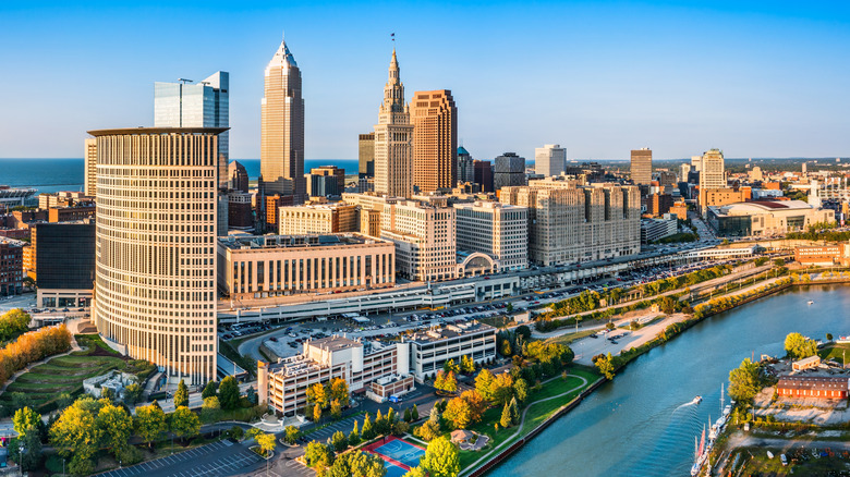 An aerial view of Cleveland, Ohio skyline at sunset.