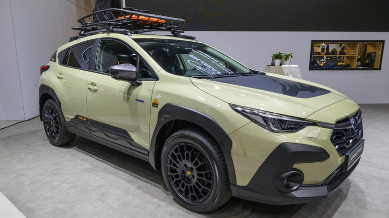 The Subaru Crosstrek crossover on display at the AutoSalon press.