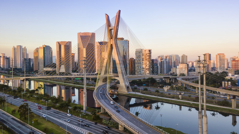Aerial view of the famous cable-stayed bridge of Sao Paulo city.