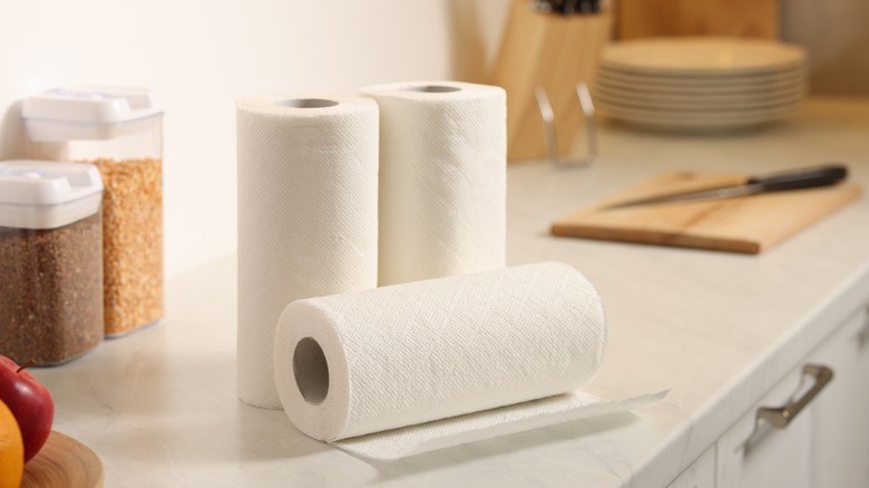 Rolls of paper towels on a marble countertop