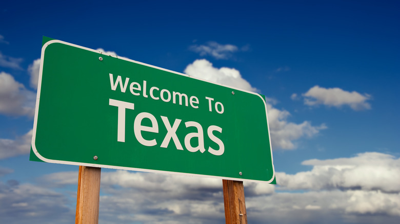 Welcome To Texas green road sign over blue sky with some clouds.