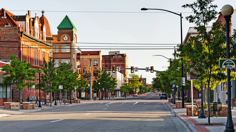View of downtown buildings and empty street in Cheyenne, Wyoming