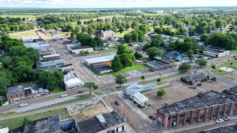 Drone shot of town of Greenwood, Mississippi